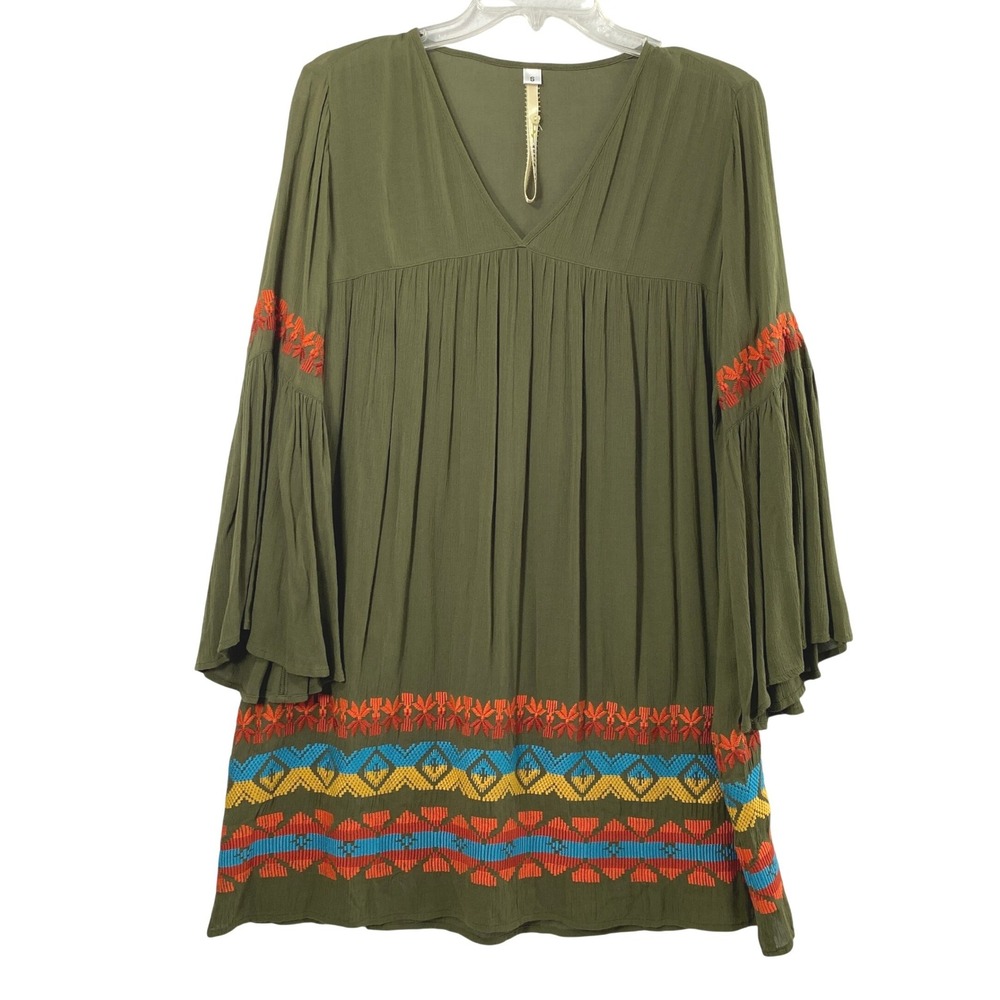 Uncle Frank Dress Womens Small Olive Green Embroidered Boho Bell Sleeve Festival